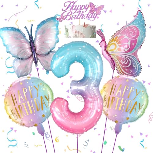 Feelairy Schmetterling Deko Geburtstag 3 Jahre Mädchen, Bunt Schmetterling 3, Luftballon 3 Jahre Geburtstagsdeko Mädchen Schmetterling Ballons Happy Birthday Deko für 3. Geburtstag Mädchen Deko von Feelairy