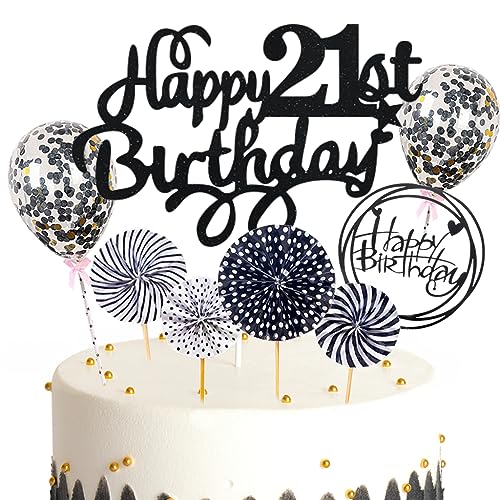 Feelairy Tortendeko 21. Geburtstag Mädchen Jungen, Schwarz Kuchen Deko 21. Geburtstag Mädchen Jungen Cake Topper Happy Birthday Ballon Konfetti für Geburtstagstorte Deko 21 Jahre Kinder von Feelairy