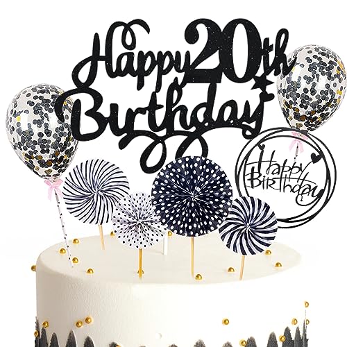 Feelairy Tortendeko 20. Geburtstag Mädchen Jungen, Schwarz Kuchen Deko 20. Geburtstag Mädchen Jungen Cake Topper Happy Birthday Ballon Konfetti für Geburtstagstorte Deko 20 Jahre Kinder von Feelairy