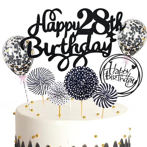 Feelairy Tortendeko Happy Birthday Deko Kuchendeko 23. Geburtstag Mann Frau, Schwarz Kuchen Topper 23. Geburtstag, Cake Topper Happy Birthday Ballon für Geburtstagstorte Deko 28 Jahre Frauen Männer von Feelairy