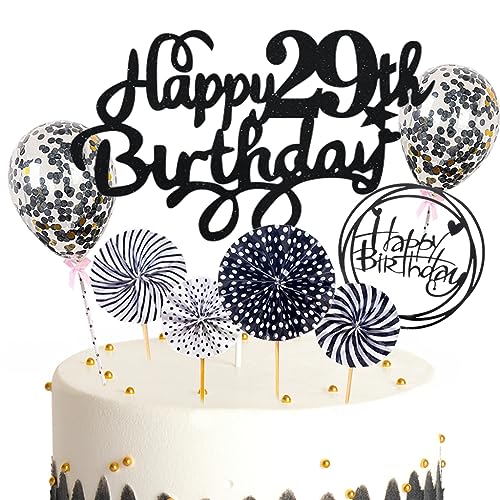 Feelairy Tortendeko Happy Birthday Deko Kuchendeko 29. Geburtstag Mann Frau, Schwarz Kuchen Topper 29. Geburtstag, Cake Topper Happy Birthday Ballon für Geburtstagstorte Deko 29 Jahre Frauen Männer von Feelairy