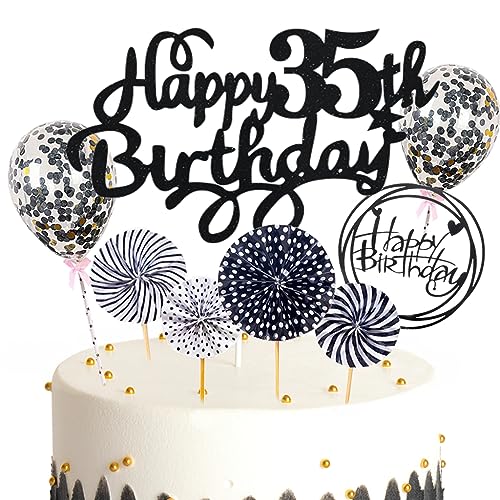 Feelairy Tortendeko Happy Birthday Deko Kuchendeko 35. Geburtstag Mann Frau, Schwarz Kuchen Topper 35. Geburtstag, Cake Topper Happy Birthday Ballon für Geburtstagstorte Deko 35 Jahre Frauen Männer von Feelairy