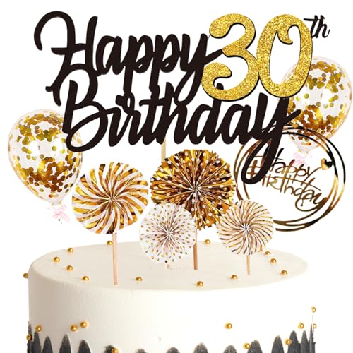 Feelairy Tortendeko Happy Birthday Gold Kuchendeko 30. Geburtstag Frau, Kuchen Topper Happy 30th Birthday, Cake Topper 30. Geburtstag Ballons Konfetti für Geburtstagstorte Deko 30 Jahre Frauen Männer von Feelairy