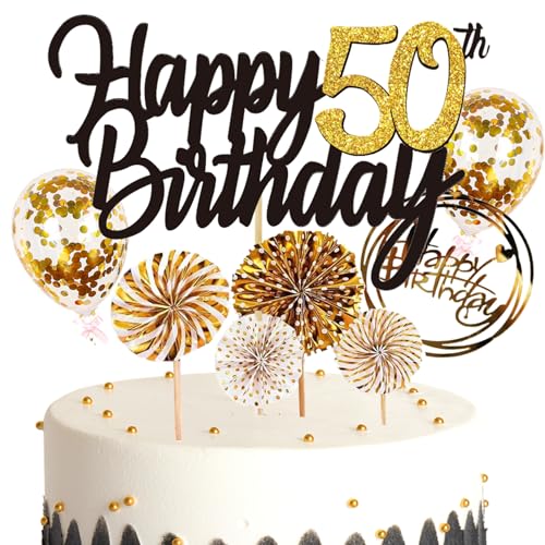 Feelairy Tortendeko Happy Birthday Gold Kuchendeko 50. Geburtstag Frau, Kuchen Topper Happy 50th Birthday, Cake Topper 50. Geburtstag Ballons Konfetti für Geburtstagstorte Deko 50 Jahre Frauen Männer von Feelairy