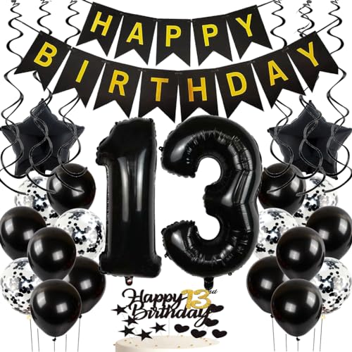 Feelairyspiral + balloon black, Luftballon 10. Geburtstag Deko Mädchen, Schwarz Gold Tortendeko Happy 10th Birthday Deko 10 Jahre Mädchen, Ballon 13. Geburtstag Party Dekoration Set von Feelairy