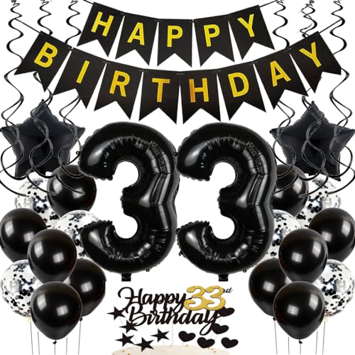 Feelairyspiral + balloon black, Luftballon 10. Geburtstag Deko Mädchen, Schwarz Gold Tortendeko Happy 10th Birthday Deko 10 Jahre Mädchen, Ballon 33. Geburtstag Party Dekoration Set von Feelairy