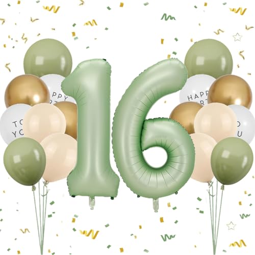 Luftballon 16. Geburtstag Mädchen, Salbeigrün Zahl 16 Luftballon Happy Birthday Deko 16 Jahre Junge, Latexballons Olive Grün Gold Ballons 16 Grün, Olivgrün Geburtstagsdeko 16 Jahre Jungen Mädchen von Feelairy