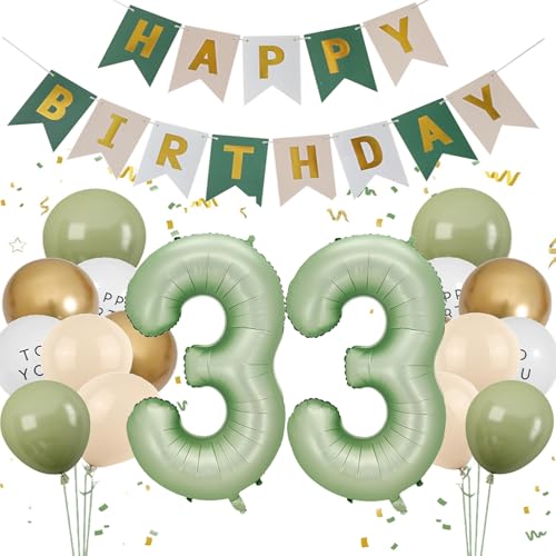 Luftballon 33. Geburtstag Frauen, Salbeigrün Zahl 33 Luftballon Happy Birthday Deko 33 Jahre Männer, Olive Grün Ballons 33 Deko Folienballon 33 Grün Gold, Olivgrün Geburtstagsdeko 33 Jahre Frau Mann von Feelairy