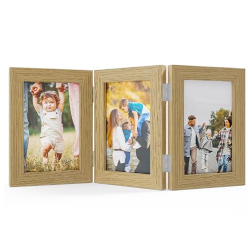 Feelhap Bilderrahmen Collage Holz 3 Bilderrahmen Holz für 3 Fotos Dreifach Faltbarer Rahmen Aufklappbar Fotorahmen Portraitrahmen Rahmen Frame Familie Hochzeit Geschenke, Holzfarbe von Feelhap