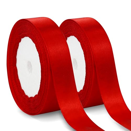 Feelorna 2 Rollen Satinbänder, 48 Meter Ballonband zum Basteln, einfarbiges Band zum Verpacken von Geschenken, glatte Seidenbänder für Hochzeit, Party, Dekoration (rot) von Feelorna