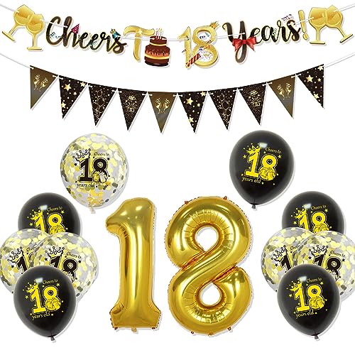 Feelorna Schwarz Gold Happy Birthday Banner Luftballons, Geburtstagsfeier Wimpelkette Flaggen Luftballons Dekorationen Kit für Männer Frauen Geburtstag Party Supplies (18, Schwarz Gold) von Feelorna
