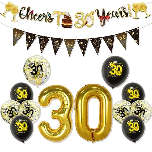 Feelorna Schwarz Gold Happy Birthday Banner Luftballons, Geburtstagsfeier Wimpelkette Flaggen Luftballons Dekorationen Kit für Männer Frauen Geburtstag Party Supplies (30, Schwarz Glod) von Feelorna