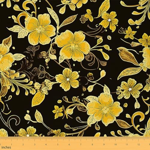 Feelyou Blumenstoff von The Yard Floral Botanical Decorative Waterproof Outdoor Fabric Blossom Flowers Pattern Polsterstoff für Stühle Golden Black DIY Reupholstery Fabric von Feelyou