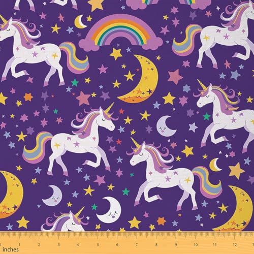 Feelyou Einhorn-Stoff von The Yard für Kinder, Regenbogen-Mädchen, niedliches Einhorn, dekorativ, wasserdicht, Outdoor-Stoff, Mond, Polsterstoff für Stühle, lila und gelb, Outdoor-Stoff von Feelyou