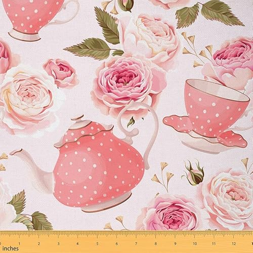 Feelyou Vintage Floral Fabric by The Yard, Romantische Teekannen Blumen Thema Polsterstoff für Stühle und Heimwerker-Projekte, dekorativer wasserdichter Stoff, 91 cm, Hellrosa von Feelyou