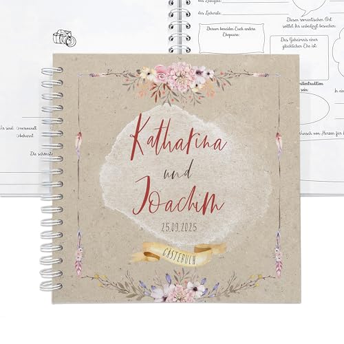 FEENSTAUB Gästebuch Hochzeit mit Fragen zum Ausfüllen, Hochzeitsgästebuch personalisiert, Hochzeit Gästebuch, Boho, personalisiertes Hochzeitsbuch Vorgedruckte Fragen für Gäste, Gästebuch Fragen von Feenstaub