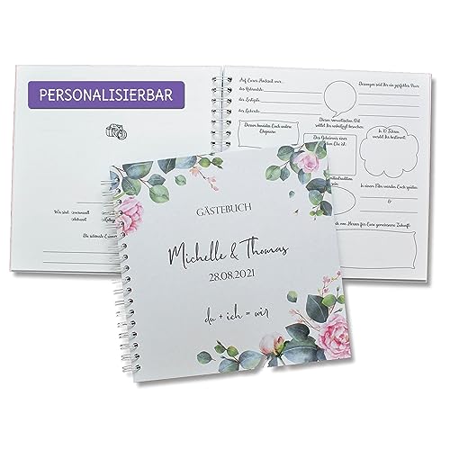 FEENSTAUB Gästebuch Hochzeit mit Fragen zum Ausfüllen, Hochzeitsgästebuch personalisiert, LGBTQ+ Hochzeit, Rosen, personalisiertes Hochzeitsbuch, Vorgedruckte Fragen für Gäste, Gästebuch Fragen von Feenstaub