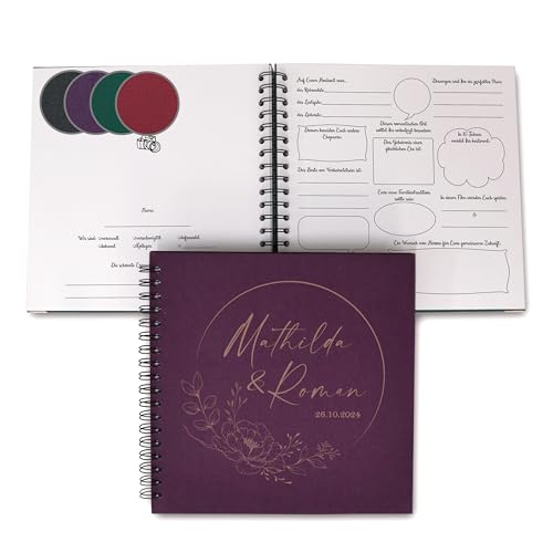 FEENSTAUB Gästebuch Hochzeit mit Fragen zum Ausfüllen, Hochzeitsgästebuch personalisiert [Handmade] Ringbuch [made in Austria], Leineneinband, Namen eingraviert, Geschenk Hochzeit Blumen von Feenstaub