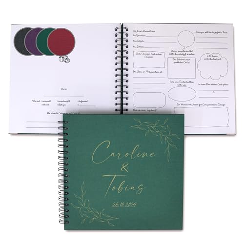 FEENSTAUB Gästebuch Hochzeit mit Fragen zum Ausfüllen, Hochzeitsgästebuch personalisiert [Handmade] Ringbuch [made in Austria], Leineneinband, Namen eingraviert, Geschenk Hochzeit Ranken von Feenstaub