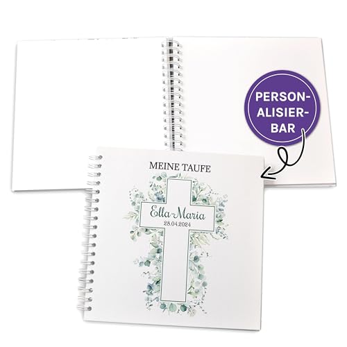 FEENSTAUB Gästebuch Taufe, Taufgästebuch personalisiert [Handmade] Ringbuch [made in Austria], Erinnerungsalbum blanko, Fotoalbum, personalisiertes Taufbuch, Geschenk Taufe, Eukalyptus von Feenstaub