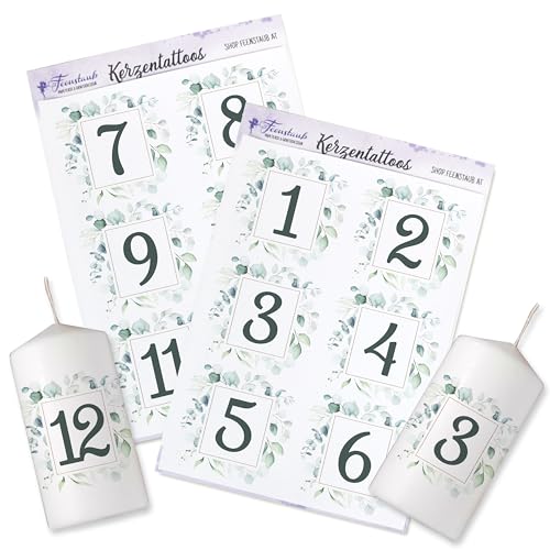 FEENSTAUB Kerzen Tattoos Hochzeit, Hochzeitsdeko Eukalyptus, Selbst Gestalten, Tischdeko, Tische Nummerieren 1-6, Aufkleber für Kerzen, Wasserschiebefolie Bedruckt FEENSTAUB Kerzen Tattoos Hochzeit, Hochzeitsdeko Eukalyptus, Selbst Gestalten, Tischdeko, Tische Nummerieren 1-6, Aufkleber für Kerzen, Wasserschiebefolie Bedruckt von Feenstaub