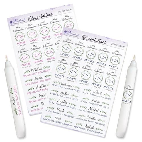 FEENSTAUB Kerzen Tattoos für die Erstkommunion, Konfirmation, Firmung, personalisierte Aufkleber für Kerzen, Tischkerze Fischsymbol, DIY Kerzendeko rosa oder blau für Kommunion gestalten FEENSTAUB Kerzen Tattoos für die Erstkommunion, Konfirmation, Firmung, personalisierte Aufkleber für Kerzen, Tischkerze Fischsymbol, DIY Kerzendeko rosa oder blau für Kommunion gestalten von Feenstaub