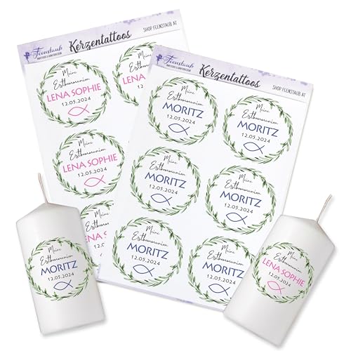 FEENSTAUB Kerzen Tattoos für die Erstkommunion, Konfirmation, Firmung, personalisierte Aufkleber für Kerzen, Tischkerze Fischymbol, Kerzen Deko rosa oder blau, Kerze für Erstkommunion gestalten FEENSTAUB Kerzen Tattoos für die Erstkommunion, Konfirmation, Firmung, personalisierte Aufkleber für Kerzen, Tischkerze Fischymbol, Kerzen Deko rosa oder blau, Kerze für Erstkommunion gestalten von Feenstaub