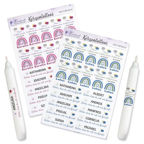 FEENSTAUB Kerzen Tattoos für die Erstkommunion, Konfirmation, Firmung, personalisierte Aufkleber für Kerzen, Tischkerze Regenbogen, Kerzen Deko rosa oder blau, Kerzendeko Erstkommunion FEENSTAUB Kerzen Tattoos für die Erstkommunion, Konfirmation, Firmung, personalisierte Aufkleber für Kerzen, Tischkerze Regenbogen, Kerzen Deko rosa oder blau, Kerzendeko Erstkommunion von Feenstaub
