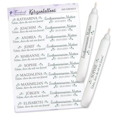 FEENSTAUB Kerzen Tattoos für die Erstkommunion, personalisierte Gastgeschenk selber machen, Aufkleber für Kerzen, Eukalyptus, DIY Give-Aways gestalten, bedruckte Folie für Kerzen Tischdeko FEENSTAUB Kerzen Tattoos für die Erstkommunion, personalisierte Gastgeschenk selber machen, Aufkleber für Kerzen, Eukalyptus, DIY Give-Aways gestalten, bedruckte Folie für Kerzen Tischdeko von Feenstaub