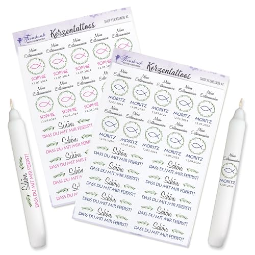 FEENSTAUB Kerzen Tattoos für die Erstkommunion, personalisierte Gastgeschenk selber machen, Tischdeko, Aufkleber für Kerzen, Fischsymbol, DIY Kerzen, Give-Aways gestalten, Kerzenfolie von Feenstaub