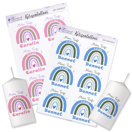 FEENSTAUB Kerzen Tattoos für die Taufe - Folie Mit Regenbogen und Namen Personalisiert, Taufkerze Selber Machen, Tauffeier Tischdeko Gestalten - Rosa oder Blau von Feenstaub