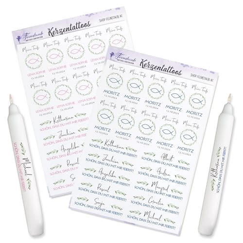 FEENSTAUB Kerzen Tattoos für die Taufe, personalisierte Gastgeschenk selber machen, Aufkleber für Kerzen, Taufsymbol Fisch, DIY Taufkerze, Give-Aways gestalten, bedruckte Folie für Kerzen FEENSTAUB Kerzen Tattoos für die Taufe, personalisierte Gastgeschenk selber machen, Aufkleber für Kerzen, Taufsymbol Fisch, DIY Taufkerze, Give-Aways gestalten, bedruckte Folie für Kerzen von Feenstaub