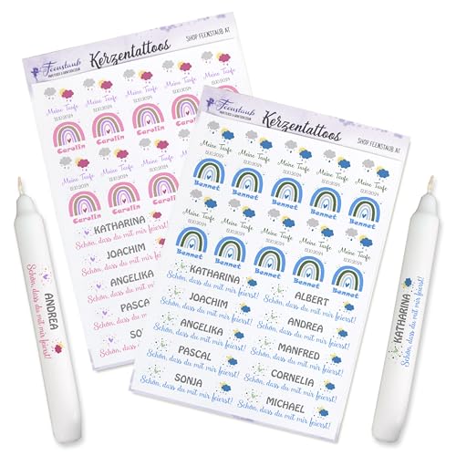 FEENSTAUB Kerzen Tattoos für die Taufe, personalisierte Gastgeschenk selber machen, Tischdeko, DIY Taufkerze Regenbogen, Give-Aways gestalten, bedruckte Folie für Kerzen von Feenstaub