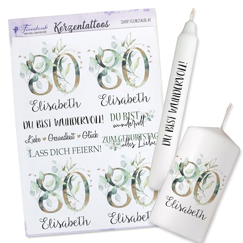 FEENSTAUB Kerzentattoos Geburtstag, personalisierbare Schiebefolie für Kerzen, Transferfolie für Kerzen für den Geburtstag, Kerzen Tattoos, Kerzenfolie Sprüche, Kerzen beschriften, Eukalyptus FEENSTAUB Kerzentattoos Geburtstag, personalisierbare Schiebefolie für Kerzen, Transferfolie für Kerzen für den Geburtstag, Kerzen Tattoos, Kerzenfolie Sprüche, Kerzen beschriften, Eukalyptus von Feenstaub