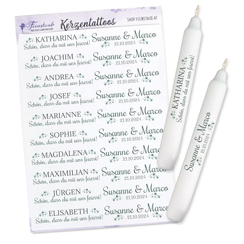 FEENSTAUB Kerzentattoos Hochzeit, personalisierte Kerzen gestalten, Gastgeschenk Kerze Hochzeit, Kerzenfolie für Stabkerzen, Eukalyptus Tischdeko, Hochzeitsdeko mit Namen der Gäste, Namenskärtchen FEENSTAUB Kerzentattoos Hochzeit, personalisierte Kerzen gestalten, Gastgeschenk Kerze Hochzeit, Kerzenfolie für Stabkerzen, Eukalyptus Tischdeko, Hochzeitsdeko mit Namen der Gäste, Namenskärtchen von Feenstaub