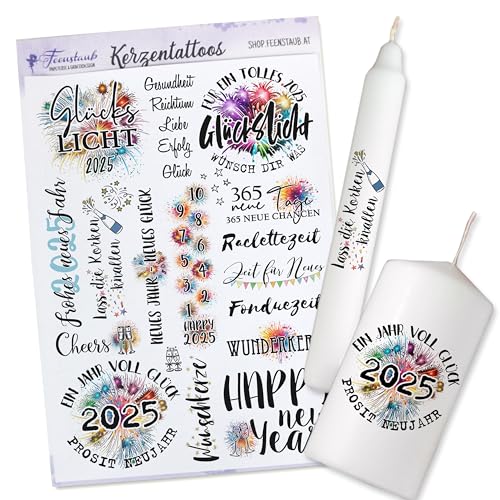 FEENSTAUB Kerzentattoos Silvester, Kerzen Tattoofolie, Mitbringsel Silvester, Silvester Kerze 2023, Kerzentattoos Glückslicht, Neujahrsgeschenk, Silvester Glücksbringer, Silvester Sticker von Feenstaub