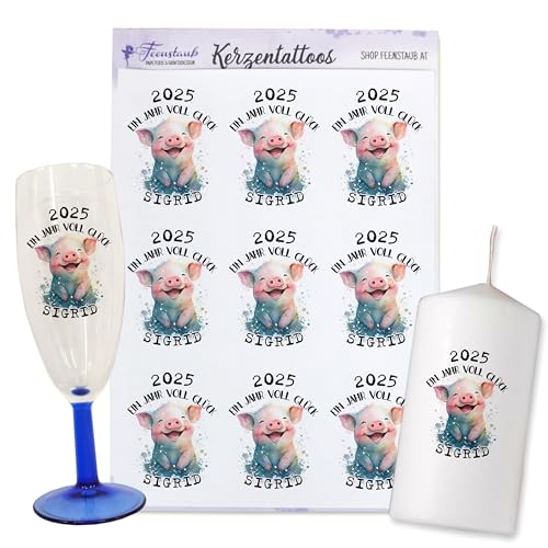 FEENSTAUB Kerzentattoos Silvester, Kerzen Tattoofolie, Mitbringsel Silvester, Silvester Kerze 2023, personalisierbare Kerzenaufkleber, Glassticker, Glücksbringer Silvester, Glücksschwein von Feenstaub