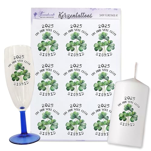 FEENSTAUB Kerzentattoos Silvester, Kerzen Tattoofolie, Mitbringsel Silvester, Silvester Kerze 2023, personalisierbare Kerzenaufkleber, Neujahrsgeschenk, Glücksklee von Feenstaub