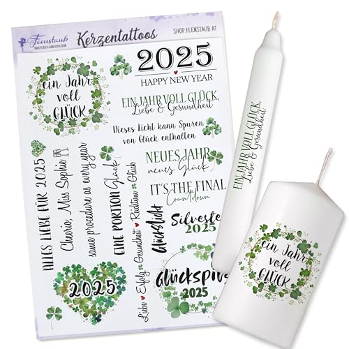 FEENSTAUB Kerzentattoos Silvester, Kerzen Tattoofolie, Mitbringsel zu Silvester, Silvester Kerze 2023, Neues Jahr Geschenk, Kerzen Transferfolie, Silvester Sticker, Silvester Glücksbringer von Feenstaub