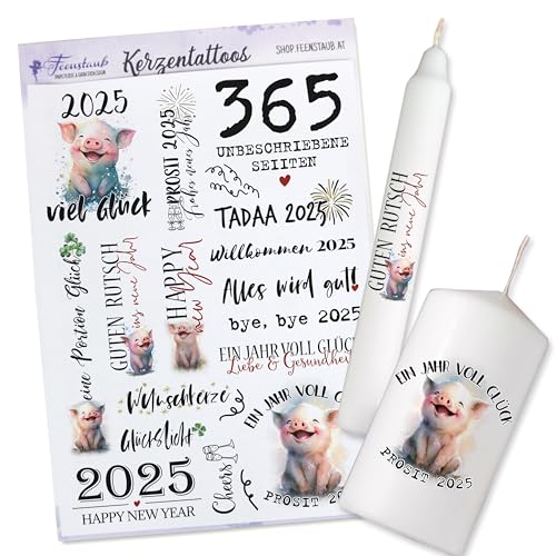 FEENSTAUB Kerzentattoos Silvester, Kerzen Tattoofolie Glücksschwein, Mitbringsel Silvester, Silvester Kerze 2025, Kerzentattoos Glückslicht, Neujahrsgeschenk, Silvester Glücksbringer von Feenstaub