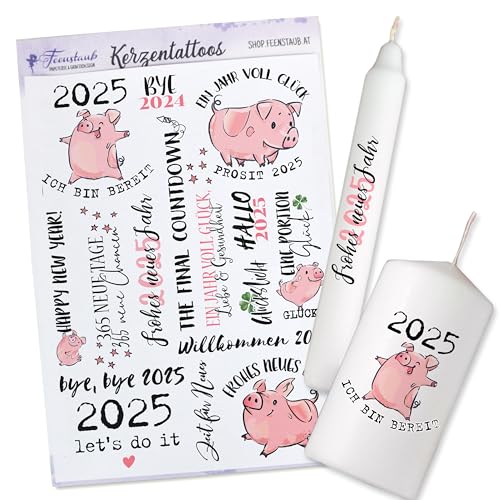 FEENSTAUB Kerzentattoos Silvester, Kerzen Tattoofolie Glücksschwein, Mitbringsel Silvester, Silvester Kerze 2023, Kerzentattoos Glückslicht, Neujahrsgeschenk, Silvester Glücksbringer von Feenstaub