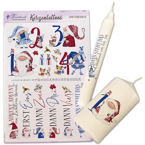 FEENSTAUB Kerzentattoos Weihnachten, Kerzenfolien Weihnachten DIN A5, Wasserschiebefolie Kerzen, Weihnachtskerze 24 tage, Kerzensticker Advent, Kerzen Tattoo Folie Advent, Weihnachtswichtel FEENSTAUB Kerzentattoos Weihnachten, Kerzenfolien Weihnachten DIN A5, Wasserschiebefolie Kerzen, Weihnachtskerze 24 tage, Kerzensticker Advent, Kerzen Tattoo Folie Advent, Weihnachtswichtel von Feenstaub