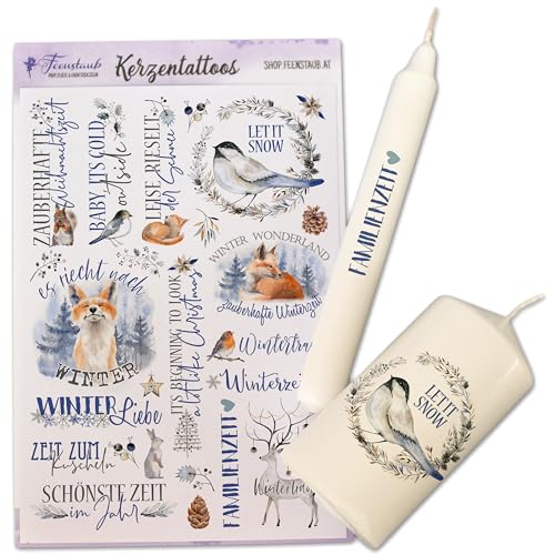 FEENSTAUB Kerzentattoos Winter, Kerzenfolien Weihnachten DIN A5, Wasserschiebefolie, Sticker, Tattoofolie Wintermotiv, Aufkleber für Kerzen, Kerzenaufkleber von Feenstaub