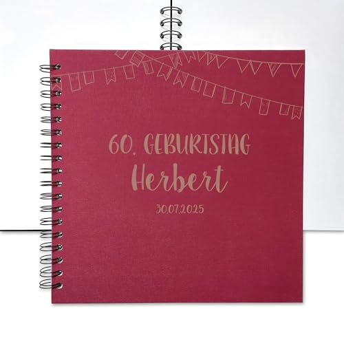 FEENSTAUB Leinen-Gästebuch Geburtstag, Geburtstagsgästebuch personalisiert [Handmade] Ringbuch [made in Austria], Erinnerungsalbum blanko, Fotoalbum, Gästebuch graviert mit Namen, Wimpel von Feenstaub