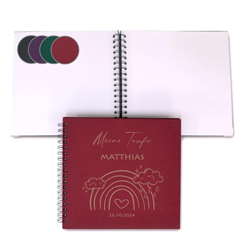 FEENSTAUB Leinen-Gästebuch Taufe 1.Geburtstag, Taufgästebuch personalisiert [Handmade] Ringbuch [made in Austria], graviertes Erinnerungsalbum mit Namen, Fotoalbum, Gästebuch Regenbogen von Feenstaub