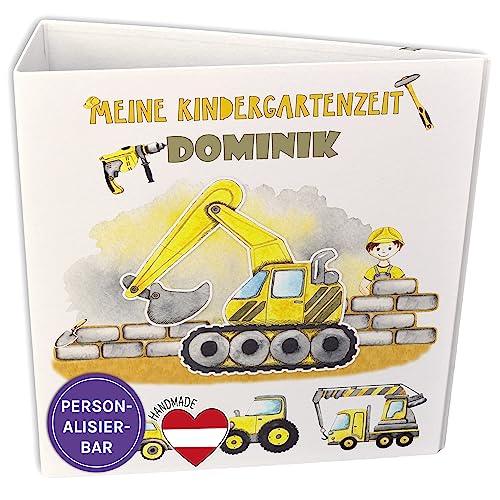 FEENSTAUB Ordner A4 Kinder personalisiert, Kindergarten Ordner, Schulordner, Portfolio Kindergarten, Motivordner A4, Kita Ordner, Portfolio Mappe, Urkunden Ordner Aktenordner Kinder Bagger Baustelle von Feenstaub