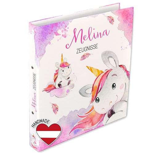FEENSTAUB Personalisierte Zeugnismappe mit Namen und Text, Dokumentenmappe für Zeugnisse, Ordner A4 schmal Kinder, Zeugnisringbuch A4, Zeugnisordner, Geschenk Einschulung, Mappe Einhorn von Feenstaub