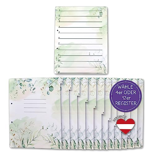 FEENSTAUB Trennblätter für Ordner A4, Register für Mappen, Registerblätter 4er oder 12er Set, Ordnerregister, Register für Hochzeitsordner Trenner für Ordner Einlegeblätter a4 Greenery von Feenstaub