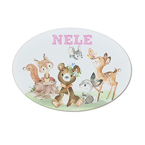 FEENSTAUB Türschild Kinderzimmer Babyzimmer mit Name personalisiert, Tiere, Namensschild Tür, Schrank, Türnamenschilder Kinderzimmer, Türbeschilderung, ovales Schild Kunststoff, Türdeko von Feenstaub