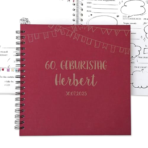 Feenstaub Gästebuch Geburtstag mit vorgedruckten Fragen zum Ausfüllen, Geburtstagsgästebuch personalisiert [Handmade] Ringbuch [made in Austria], graviertes Erinnerungsbuch, Geschenk, Wimpel von Feenstaub